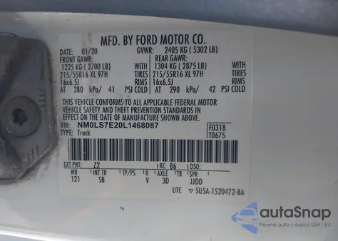 2020 Ford Transit Connect Xl z USA, uszkodzony, nr VIN NM0LS7E20L1468087